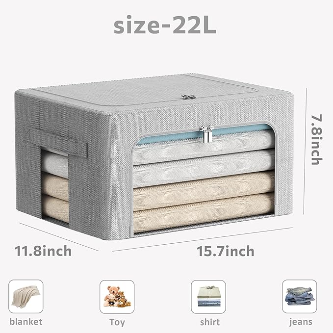 2 Pack Clothes Storage Bins Stackable Metal Frame Storage Box Foldable Linen Fabric Organizer with Carrying Handles and Clear Window (Light Gray, 15.7x 11.8x 7.8Inch)