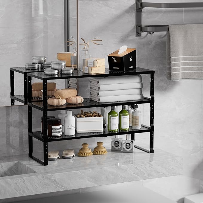Expandable Spice Rack & Kitchen Cabinet Organizer - Stackable, Adjustable Shelves for Cabinets, Countertops, Cupboards & Pantries(3 Packs/Medium/Black)