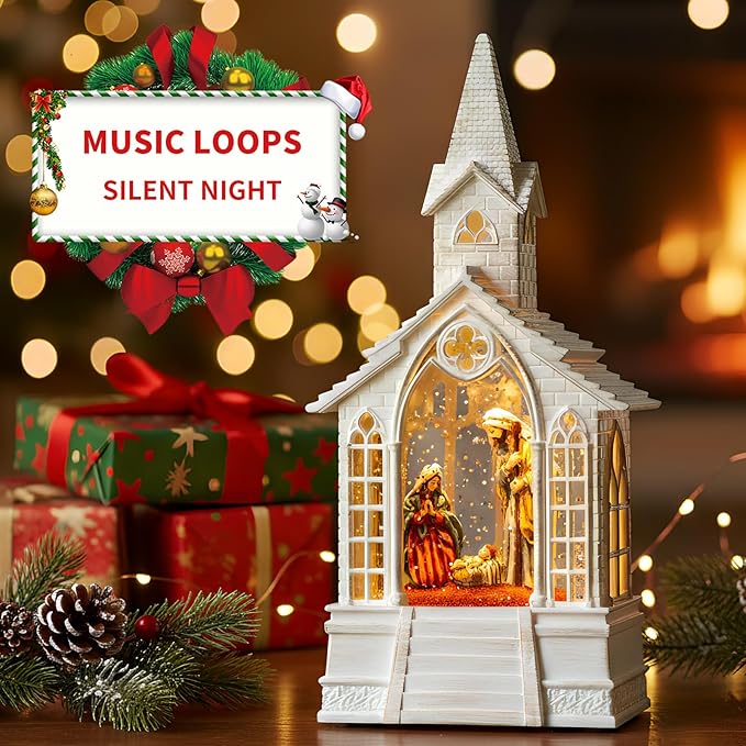 Christmas Snow Globes Church Nativity Water Lantern,Silent Night Music, Holiday Decorations Gifts for Family Children or Friends