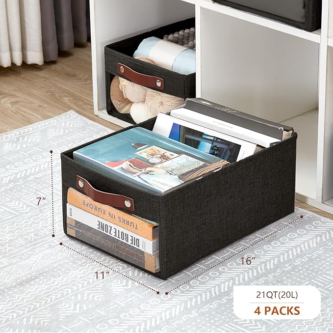 Medium Storage Baskets with Clear Window, See Through Closet Organizer with PU Handles, Linen Foldable Storage Bins for Organizing Clothes, Toys, Books (Black)
