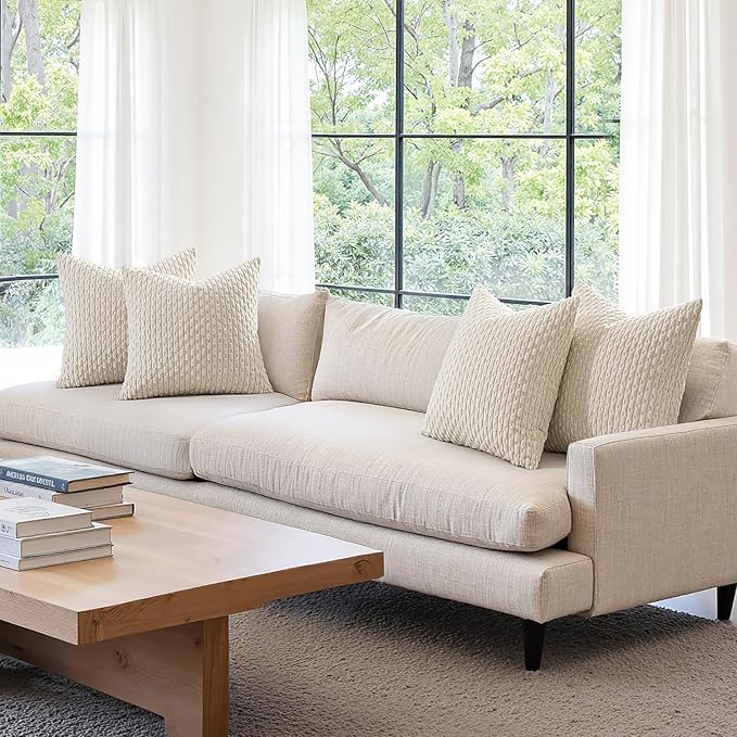 MIULEE Throw Pillow Covers Soft Couch Decorative Set of 4 Boho Striped Cushion Covers Corduroy Pillowcases Farmhouse Home Decor for Couch Bed Sofa Living Room 18x18 Inch Beige