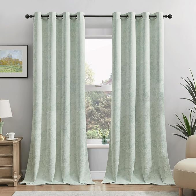 Beauoop Green Floral Jacquard Blackout Curtains 90 Inches Long 2 Panels for Bedroom Living Room Sage Flower Chenille Room Darkening Thermal Insulated Soundproof Grommet Window Treatments Drapes, 52x90