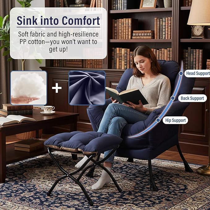Lazy Chair with Ottoman, Modern Chair with Folding Footrest, Lounge Accent Chair, Comfortable Reading Chair (Navy Blue)
