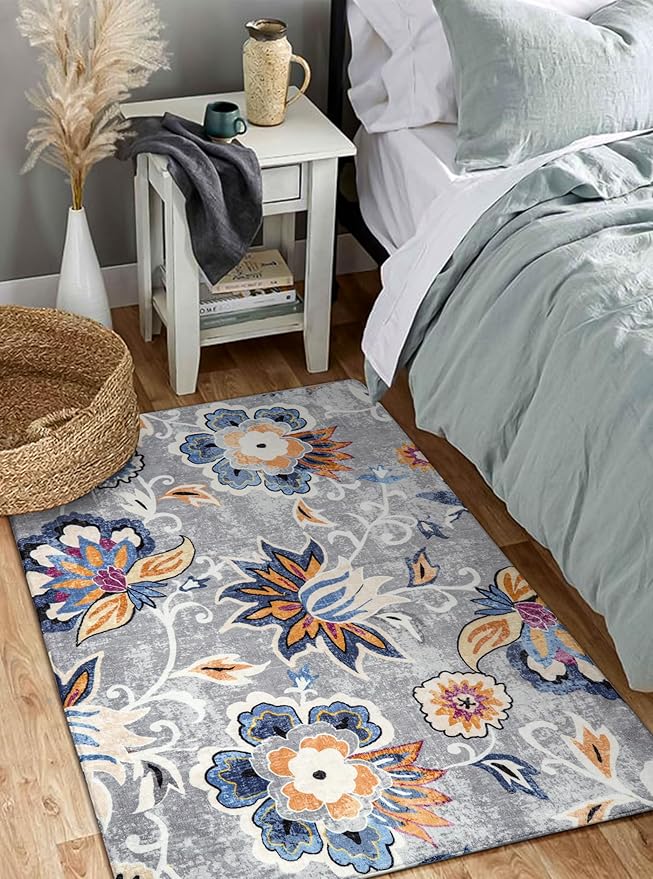 Lahome Floral Washable Carpet for Living Room - 3x5 Non-Slip Lightweight Kitchen Rugs, Throw Soft Small Area Rug for Bedroom Grey Paisley Print Aesthetic Rug for Entryway Bathroom Laundry Room Office