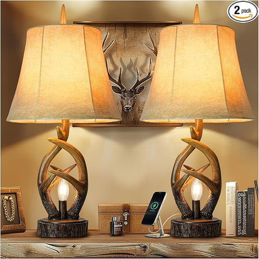 Scenekoy Rustic Farmhouse Antlers Bedside Table Lamp Set of 2 with Nightlight Dual USB Ports Leather Soft Bell Shade Brown Finish nightstand Lamp Decor for Living Room Bedroom Office House Hotel