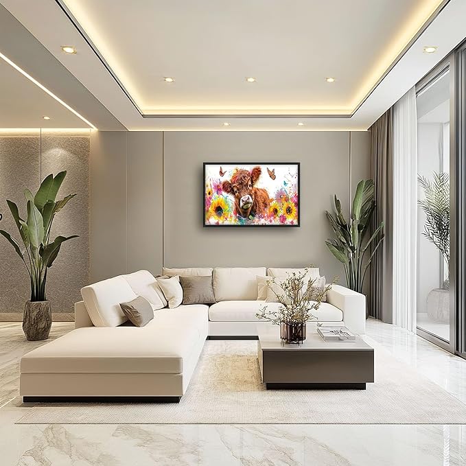 Flintis Large Highland Cow Wall Art Cow Sunflower Pictures Wall Decor Abstract Animal Canvas Painting Print Artworks Decorations Framed for Living Room Bathroom Master Bedroom Office 36L x 24W