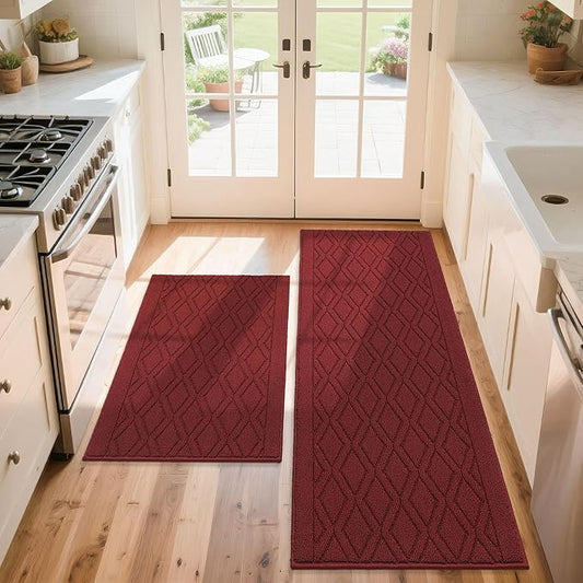 COSY HOMEER 60x24Inch/36X24Inch Kitchen Rugs Sets Non-Slip Washable Kitchen Mats for Floor Polypropylene Absorbent Kitchen Runner for Kitchen Sink Hallway Entryway(Red)