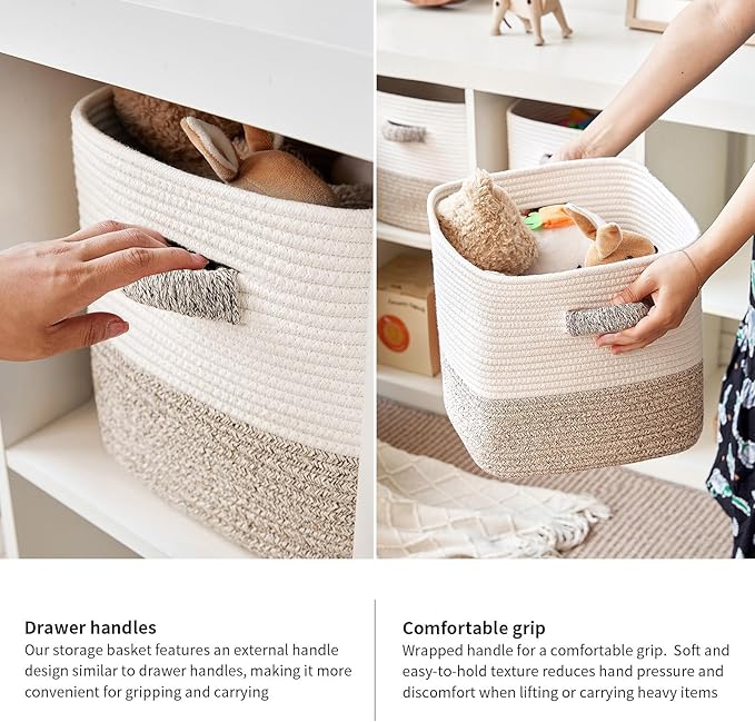 Storage Cube Baskets 3-Pack - 11 inch Square Baskets, Closet & Shelves Organizers - Woven & Drawer Storage - Ideal for Toys | White & Beige