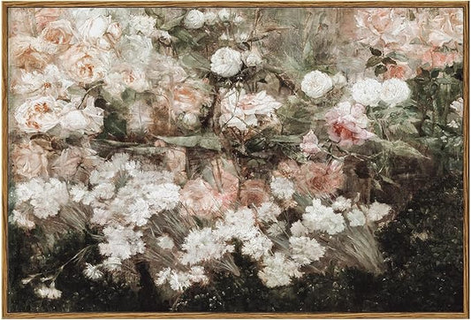 KBKBART Framed Canvas Wall Art for Living Room Bedroom Decor, Vintage Moody Floral Art Print Flower Rose Garden, Rustic Bathroom Decor, Classical Vintage (16"x24")