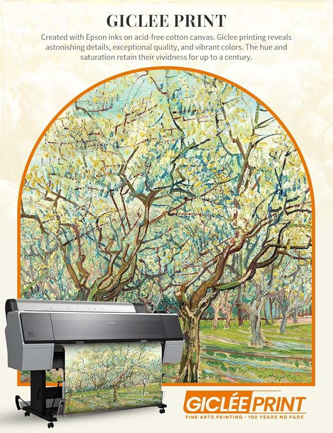 DECORARTS - The White Orchard by Vincent Van Gogh. Giclee Print on Acid-Free Canvas in Gold Solid Wood Frame. Picture Size: 20x16, Total Size: 24.75x20.75, Made in USA