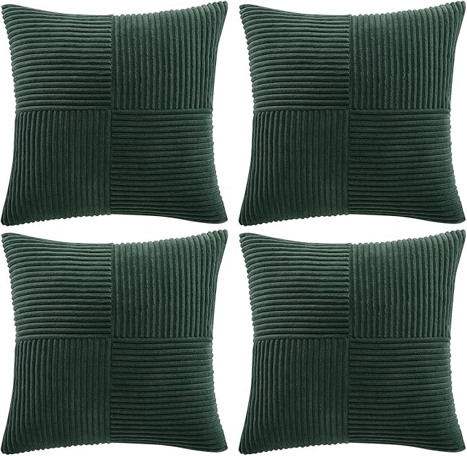 Fancy Homi Set of 4 Dark Green Boho Decorative Throw Pillow Covers 18x18 Inch for Living Room Couch Bed, Modern Farmhouse Forest Green Home Decor, Soft Textured Corduroy Cross Patchwork Cushion Case