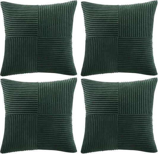 Fancy Homi Set of 4 Dark Green Boho Decorative Throw Pillow Covers 18x18 Inch for Living Room Couch Bed, Modern Farmhouse Forest Green Home Decor, Soft Textured Corduroy Cross Patchwork Cushion Case