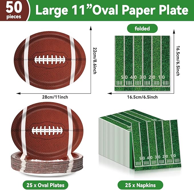 Football Oval Paper Plates Football Plates and Napkins Party Decorations Sport Rugby Theme Birthday Supplies 11inch Touch Down Dish Tray Dinnerware for Party Game Celebration, 25 Guest