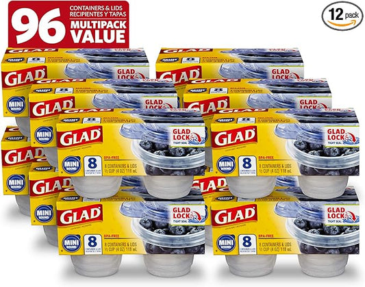 Glad GladWare Mini Round Food Storage Containers - Small Meal Container Holds up to 4 Ounces of Food - Lock Tight Seal, 8 Count - 12 Pack