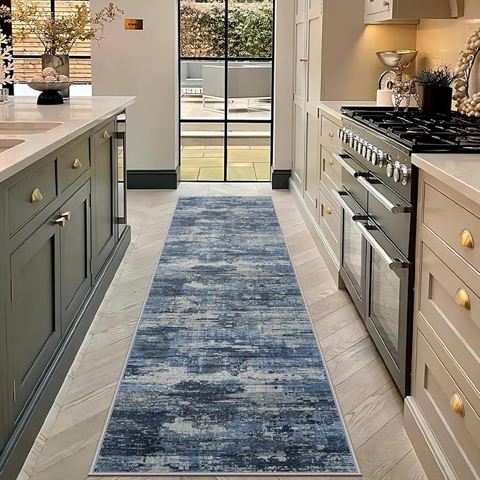 Runner Rug 2'6''x8' Washable Rugs: Machine Washable Hallway Runner Rug with Non Slip Backing Non Shedding Abstract Stain Resistant Carpet for Kitchen Entryway Laundry Bedroom - Beige/Blue