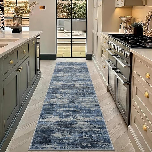 Runner Rug 2'6''x8' Washable Rugs: Machine Washable Hallway Runner Rug with Non Slip Backing Non Shedding Abstract Stain Resistant Carpet for Kitchen Entryway Laundry Bedroom - Beige/Blue