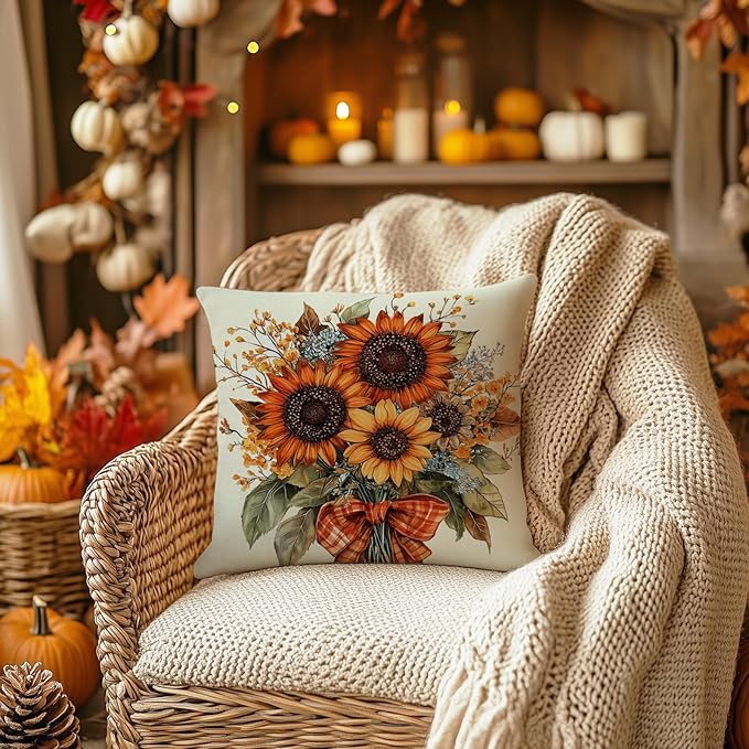 AACORS Fall Pillow Cover 20x20 Inch Sunflower Decor Floral Farmhouse Seasonal Pillow Case Decorations for Home Sofa Couch AA726-20