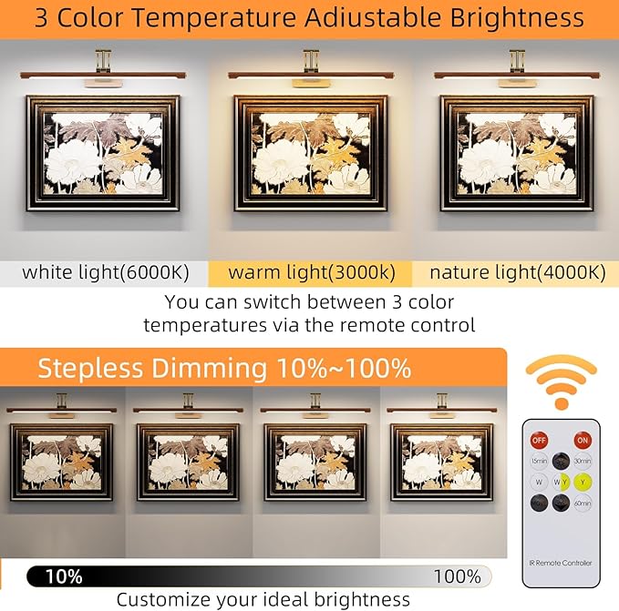 Wireless Picture Lights for Wall Rechargeable,16.14" Battery Operated Art Light for Paintings,3CCT Dimmable with Remote,Rotatable Gallery Light for Pictures Display,Wood Grain