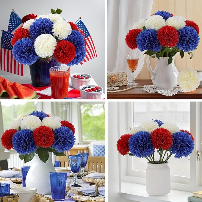 Hananona 12 Pcs Artificial Chrysanthemums Flowers Patriotic Flower, 4th of July Fake Mums Flowers Silk for Home Decor Indoor Memorial Day Table Centerpiece Vase not Included (12, Red, White, Blue)