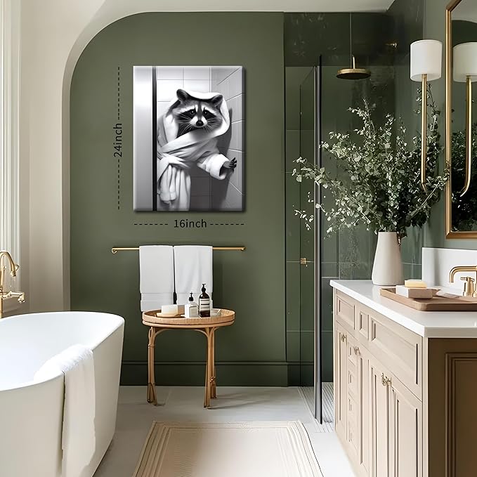 Funny Bathroom Wall Art, Black and White Raccoon Canvas Wall Decor, Adorable Humor Bathroom Animal Decor Picture Paintings Prints, Cute Restroom Toilet Signs 16x24 inch Framed