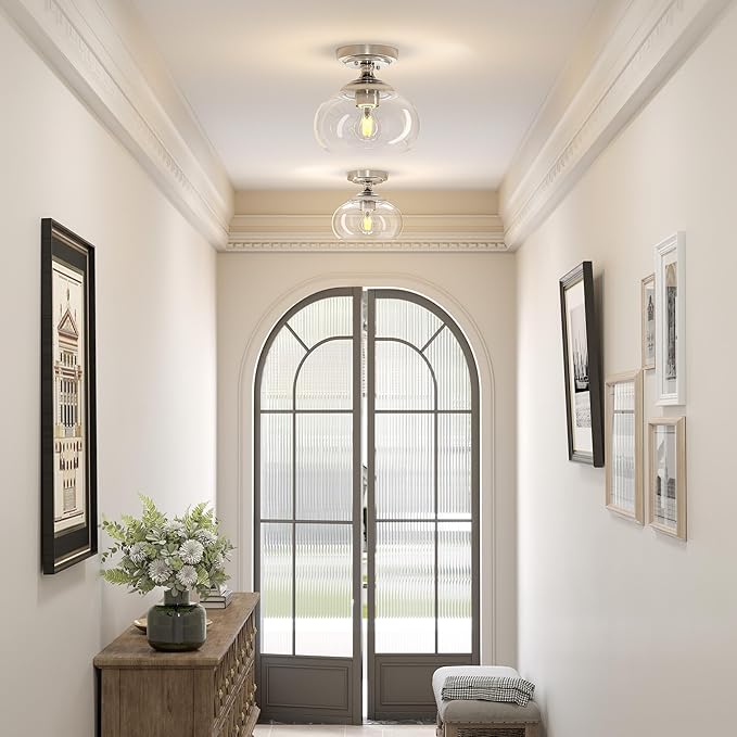 VONLUCE Industrial Semi Flush Mount Ceiling Light, 8.3" Ceiling Light Fixture with Clear Glass Shade, Farmhouse Lighting for Hallway Kitchen Bedroom Entryway, Brushed Nickel Flush Mount Light Fixture