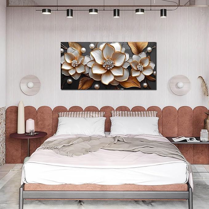 Large Flower Canvas Wall Art Bedroom - White and Gold Wall Decor for Girls Room - Floral Dining Room Wall Art Size 29" x 59"