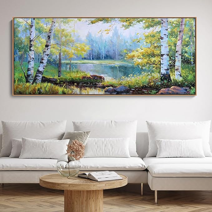 YCPRIMER Extra Large Forest Wall Art Green Trees Picture for Living Room Birch Tree Painting for Living Room Bedroom Decoration Landscape Canvas Wall Decor Framed Artwork Size 70×31inchs