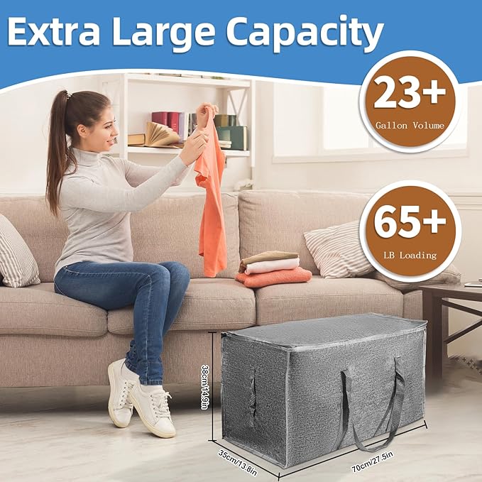 6 Pack-Extra Large Heavy Duty Moving Bags - Waterproof Storage Totes with Handles & Zippers, Foldable for College Dorm, Storage (Gray)