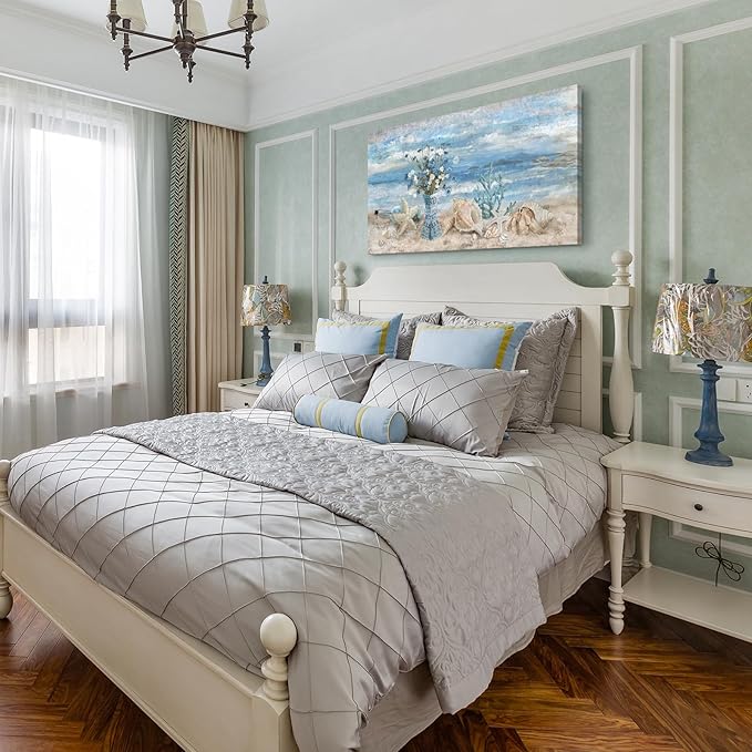 Large Canvas Wall Art for Living Room Seaside Painting Blue Sea View Ocean Theme Abstract Seascape Framed Artwork Coastal Beach Home Decor Daisy Flower in Indian Vase Picture Poster Print 24x48inch