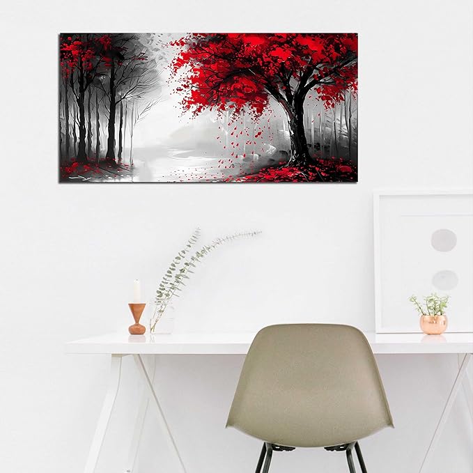 Large Canvas Wall Art for Living Room Black White and Red Tree of Life Print Pictures Painting Framed Wall Decor for Bedroom Modern Home Forest Scenery Wall Decorations Artwork Size 20x40 Ready to Hang