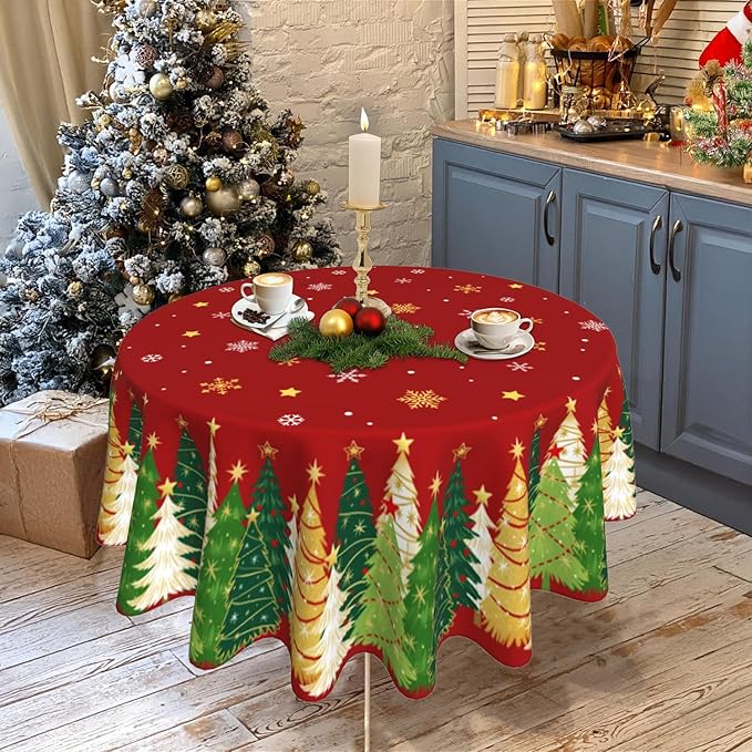Christmas Round Tablecloth 60x60 Inch Xmas Snowflakes Trees Table Cover Holiday Decorations Seasonal Decor for Home Kitchen Dining Room Picnic Party Winter Red