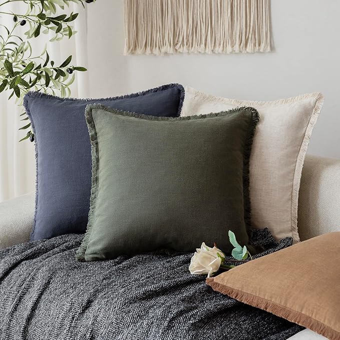 Foindtower Set of 2 Decorative Linen Fringe Throw Pillow Covers Farmhouse Cushion Cover with Tassels Accent Pillowcase for Couch Bed Sofa Living Room Home Bedroom Decor,12×24 Inch,Dark Olive Green