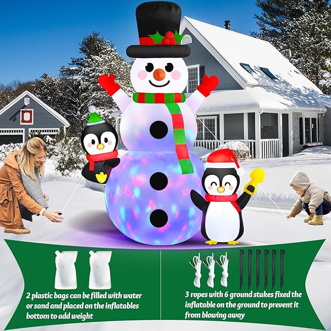 Danxilu 6 FT Christmas Inflatable Outdoor Decoration, Snowman with Penguins Built-in Rotating Colorful LED Lights, Christmas Inflatables Blow Ups Yard Decor for Garden Lawn Xmas Holiday Party