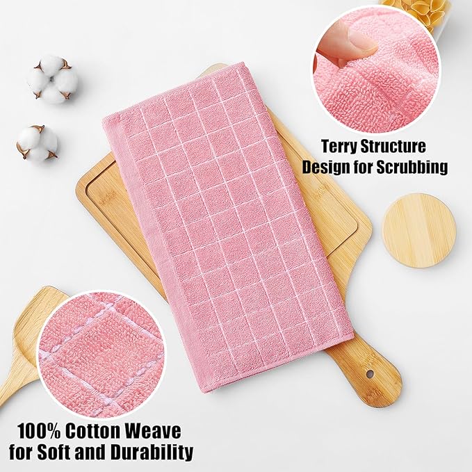 Homaxy 100% Cotton Terry Kitchen Dish Cloths, Ultra Soft and Absorbent Dish Towels for Kitchen, Suitable for Drying and Washing Dishes, 8 Pack, 12 x 12 Inches, Pink