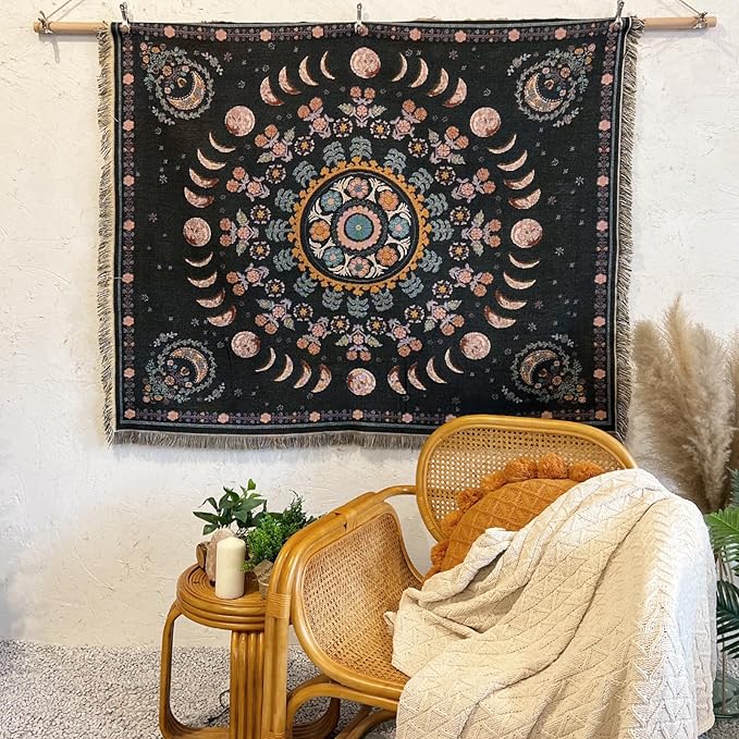 Boho Throw Blanket Reversible Cotton Bohemian Tapestry Hippie Room Decor Double Sided (Lunar Eclipse Black 50"x60")
