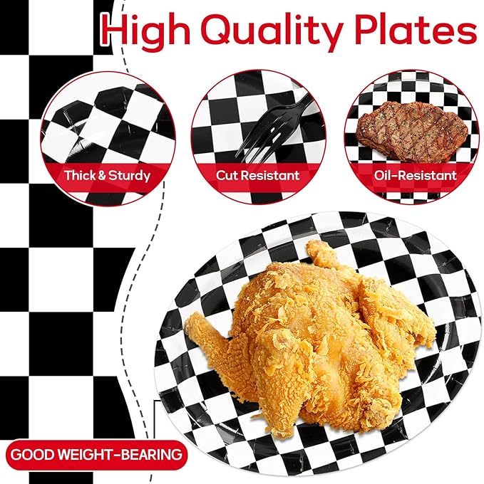 Racing Car Party Oval Paper Plates 11inch Black & White Checkered Flag Plates and Napkins, Dish Tray for Race Fans Birthday Party Supplies Dirt Bike Holiday BBQ Picnic Baby Shower Tableware, 25 Guest