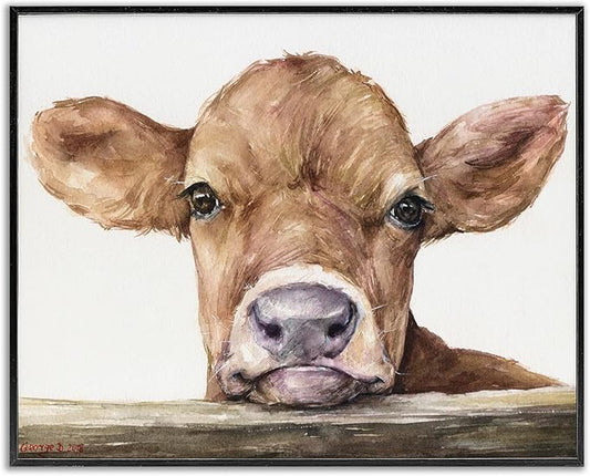 Stupell Industries Cute Baby Cow Animal Watercolor Painting Framed Giclee Art Design By Artist George Dyachenko, 16 x 20, Black Framed