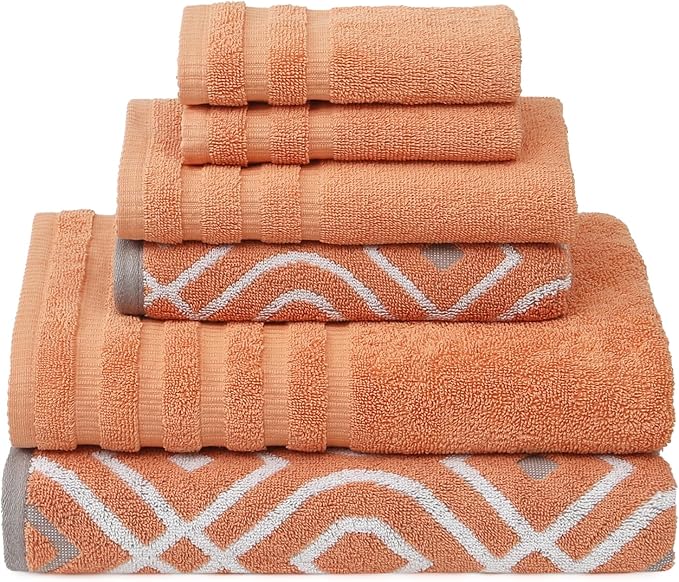 Modern Threads Oxford 6-Piece 100% Cotton Towel Set – Yarn Dyed Jacquard & Solid – Includes 2 Bath Towels, 2 Hand Towels, 2 Washcloths – Absorbent, Quick Dry, Soft & Durable – Orange