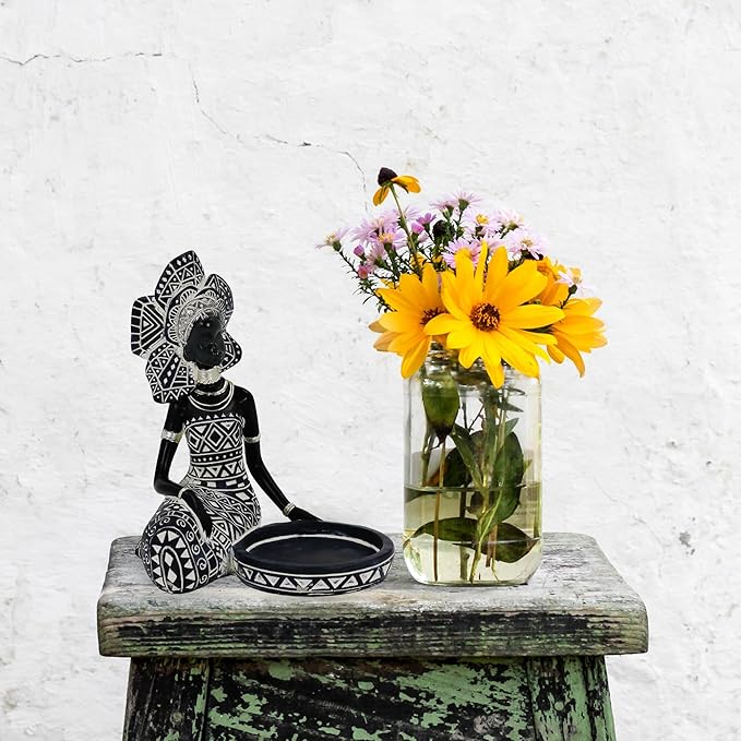 African Lady Figurine Candle Holder with African Tribal Totem for Wedding,Church,Holiday Decor-African Decorative Women Statues, Candlestick Holder for Home and Table Decor(754-Black)