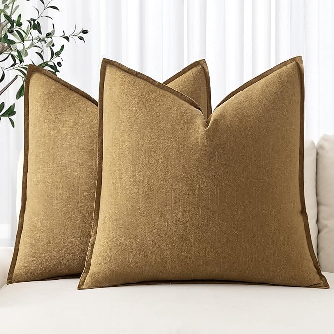MIULEE Decorative Linen Pillow Covers 18x18 Inch Mustard Yellow Boho Farmhouse Neutral Couch Throw Pillows for Bed Pack of 2 Accent Modern Pillowcase Summer Sofa Livingroom Home Decor