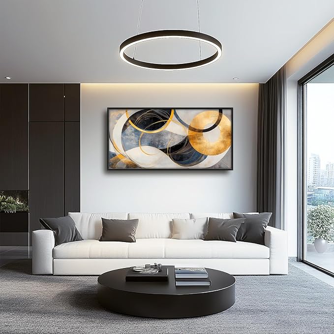 Large Abstract Wall Art for Living Room, Oversized Abstract Circle Wall Decor, Black and Golden Abstract Canvas Painting Modern Artwork Home Decoration for Living Room Bedroom Office Framed 60"x30"