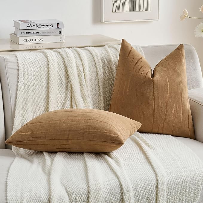 FUTEI Bronze Chenille Decorative Throw Pillow Covers 26x26 Inch Set of 2,Soft Embossed Striped Textured Euro Pillow Shams,Modern Home Decor for Couch Bed Living Room