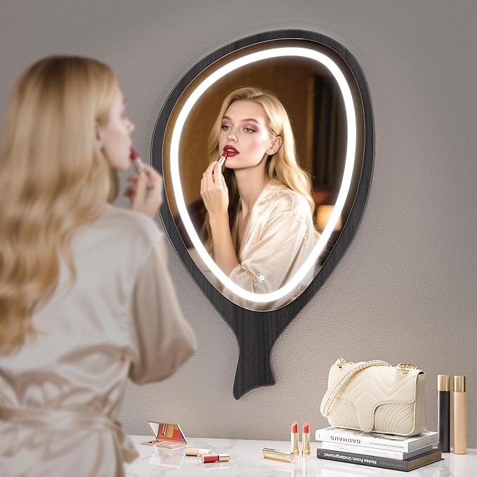 Irregular Asymmetrical Wall Mirror with LED Lights，3colors Hanging Mirror with Lights for Living Room Bathroom Entryway, Modern Decorative Mirror Hanging Black 30x18in