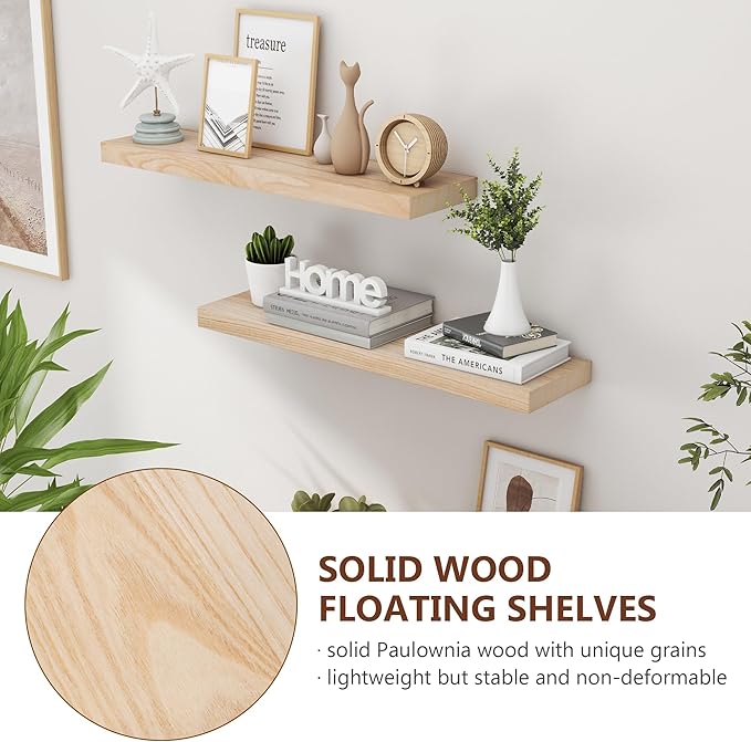 fuqing Natural Wood Floating Shelves for Wall, 30 Inch Wood Floating Shelves Set of 2, Natural Wooden Wall Shelves for Living Room Bedroom Home Office - Natural