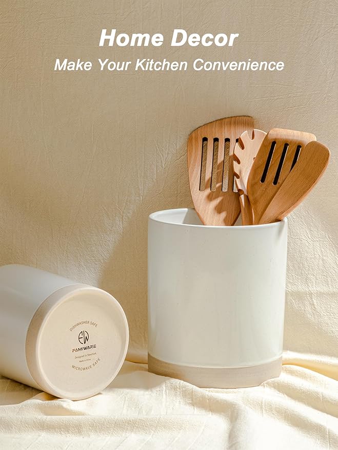 famiware Milkyway Kitchen Utensil Holder for Countertop, 7.2"+5.8" Ceramic Cooking Utensil Crocks for Counter, Utensil Organizer for Spatula & Spoon, Kitchen Decor, Set of 2, White