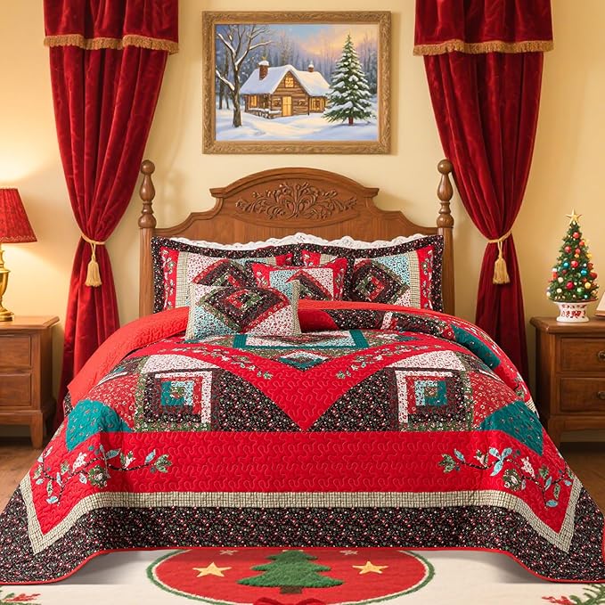 VAPUTAR King Quilt Bedding Set, Cotton Christmas Quilt Bedding Set Lightweight Coverlet with 2 Shams(98"X106"), King Quilts Set for All Season, Farmhouse Style Bedspread