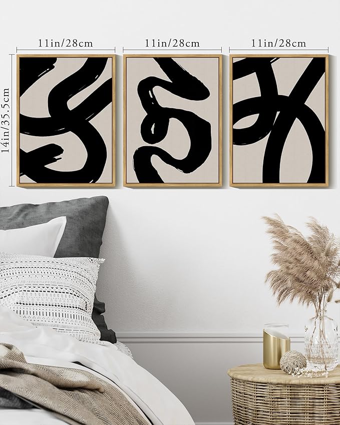 KUVIOKE Black Abstract Framed Wall Art Ink Wash Minimalist Lines Painting Artwork for Bedroom Living Room Hallway Decor Ready to Hang 11x14in (Natural Framed)