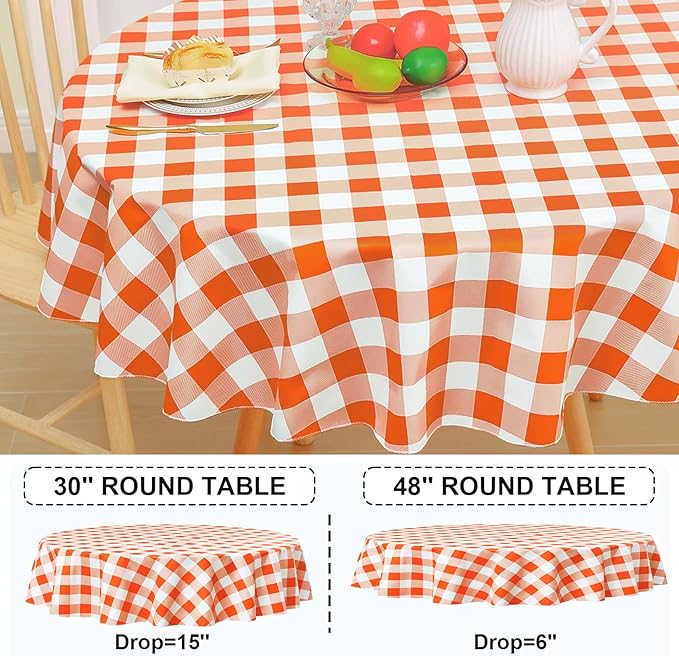 misaya Round Waterproof Vinyl Table Cloth, Buffalo Flannel Backed Tablecloth, Wipeable Plastic Table Cover for Fall, Thanksgiving (60", Orange and White)