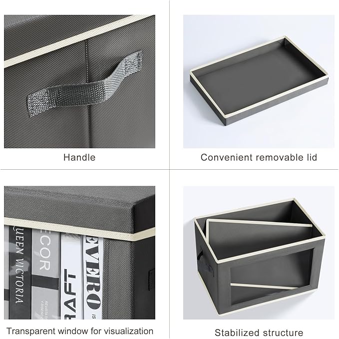 Storage Boxes with Lids - 3 Pack Fabric Clear Window Storage Bins, Collapsible Storage Bins with Lids, Linen Closet Organizer for Clothes, Towel, Blanket, Dark Grey