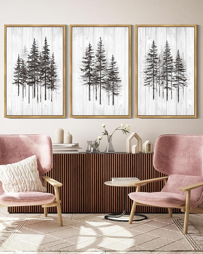 KUVIOKE Modern Pine Tree Framed Wall Decor Nature Forest Wall Decor Vintage Rustic Minimalist Paints for Farmhouse Bedroom Dining Room Decor16x24in (Natural Framed)